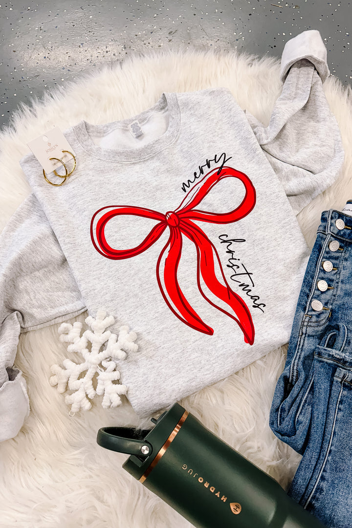 Long Ribbon Merry Christmas Crewneck Sweatshirt - Ash Grey