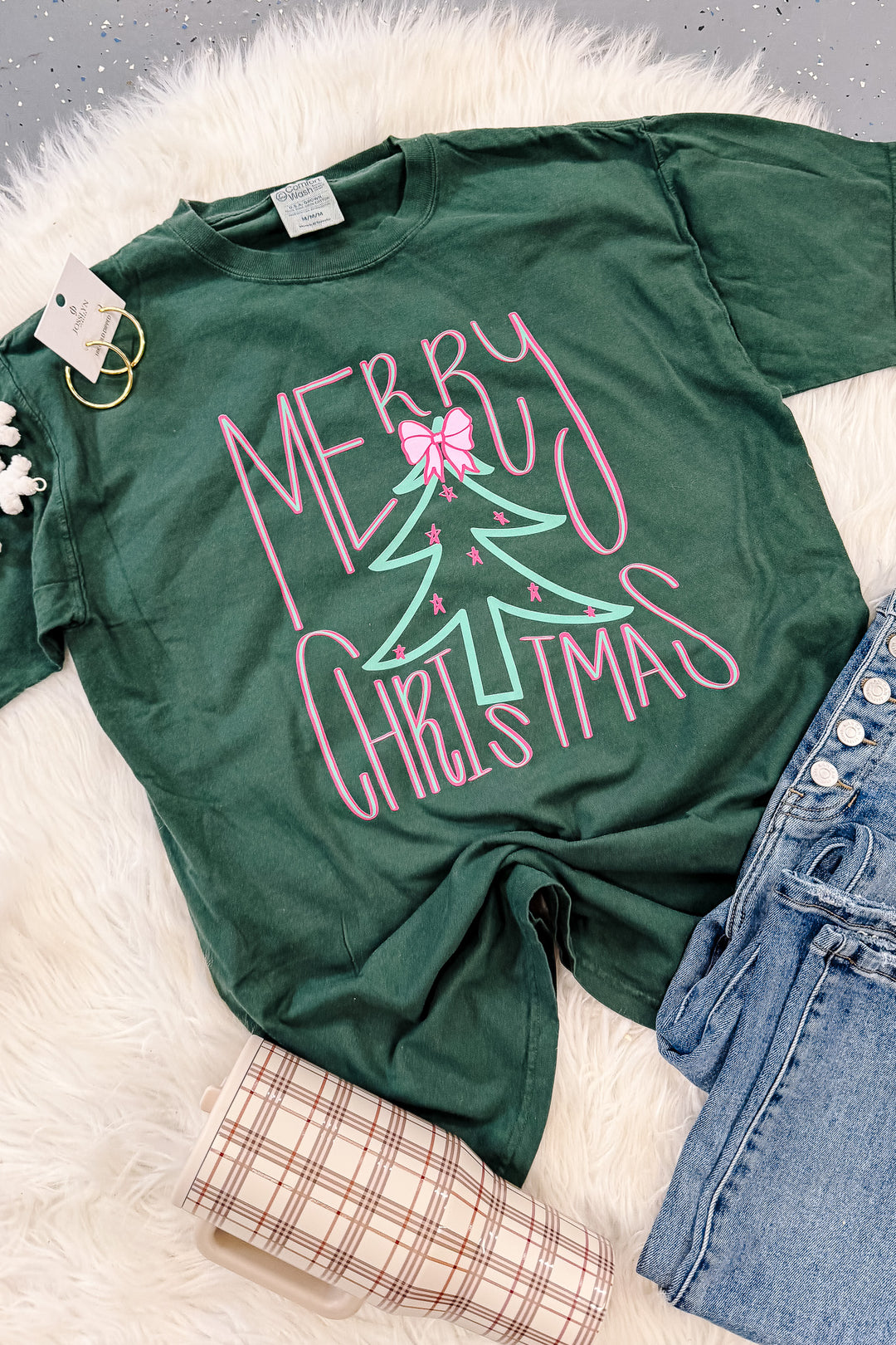 Pink & Green Christmas Tree Graphic Tee - Field Green