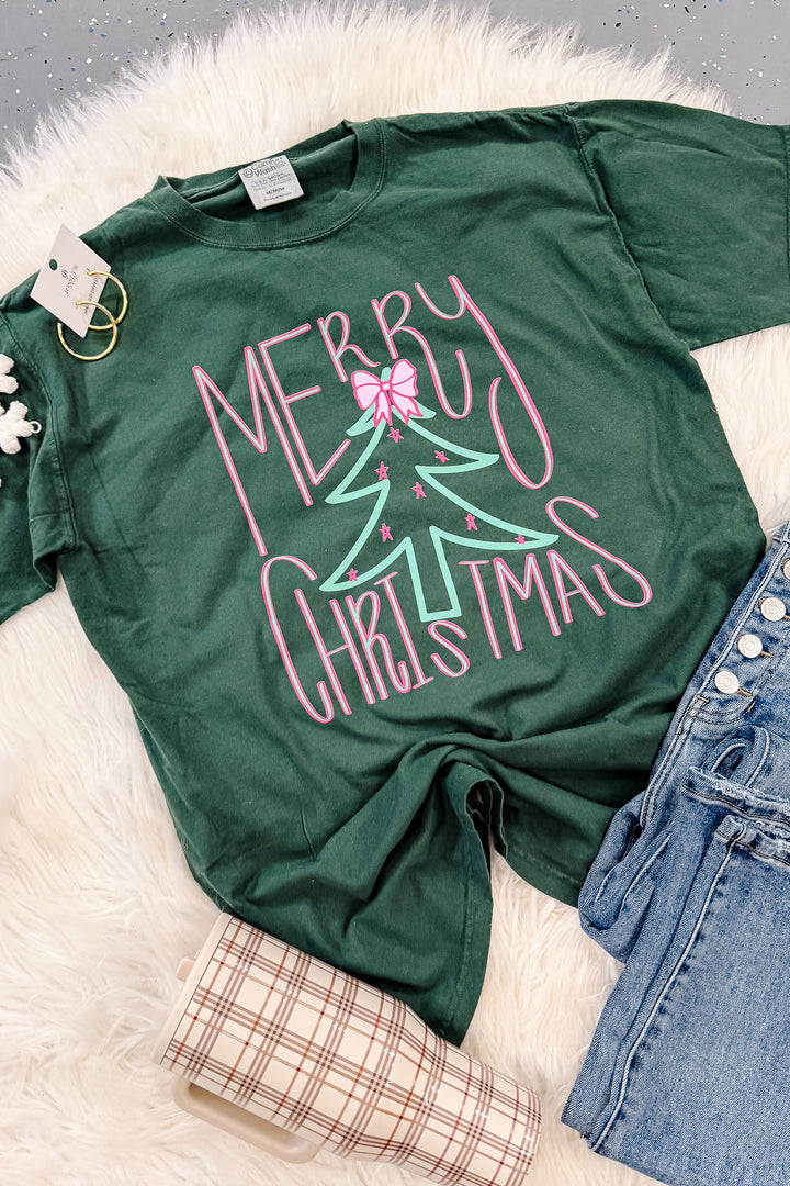Pink & Green Christmas Tree Graphic Tee - Field Green