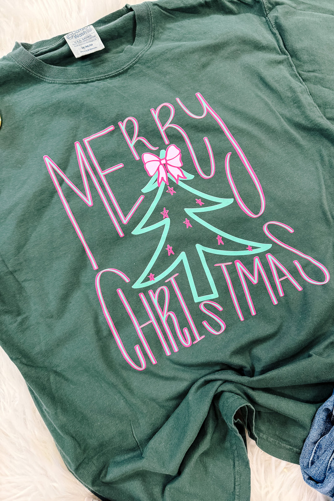 Pink & Green Christmas Tree Graphic Tee - Field Green