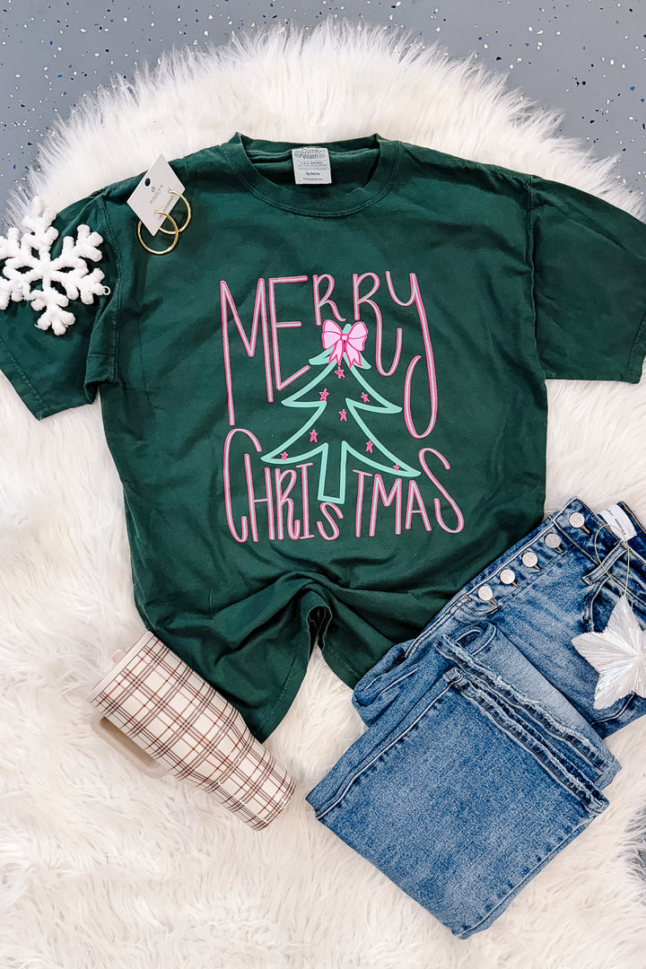 Pink & Green Christmas Tree Graphic Tee - Field Green