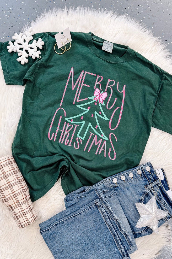 Pink & Green Christmas Tree Graphic Tee - Field Green