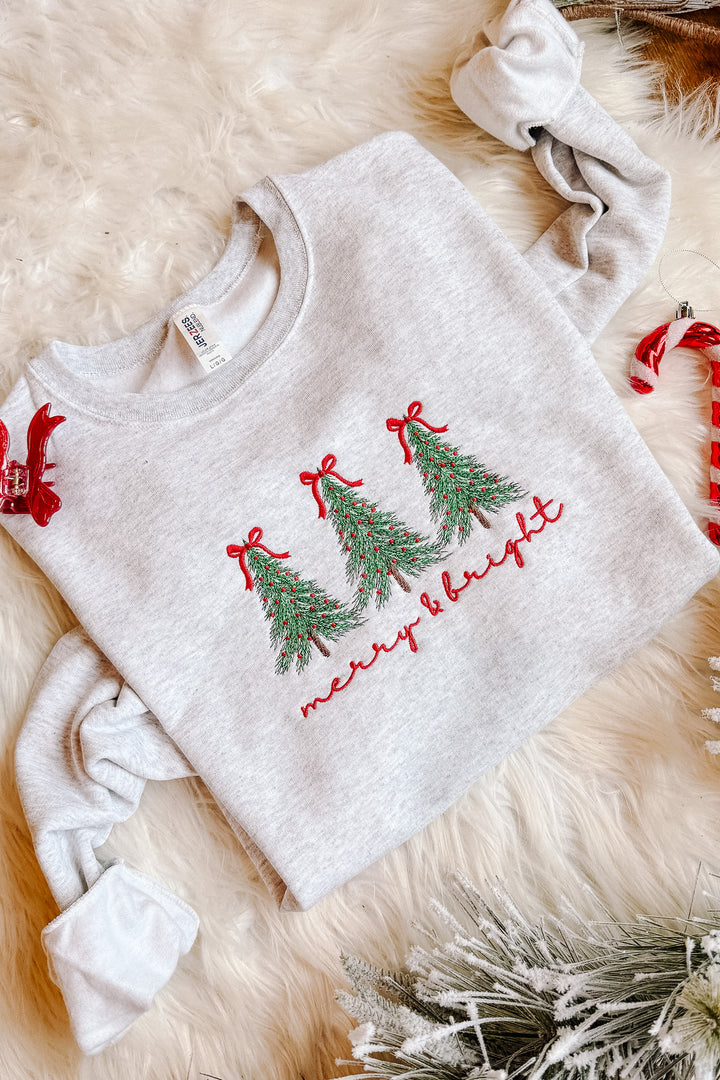 Merry & Bright Embroidered Sweatshirt - Ash Grey