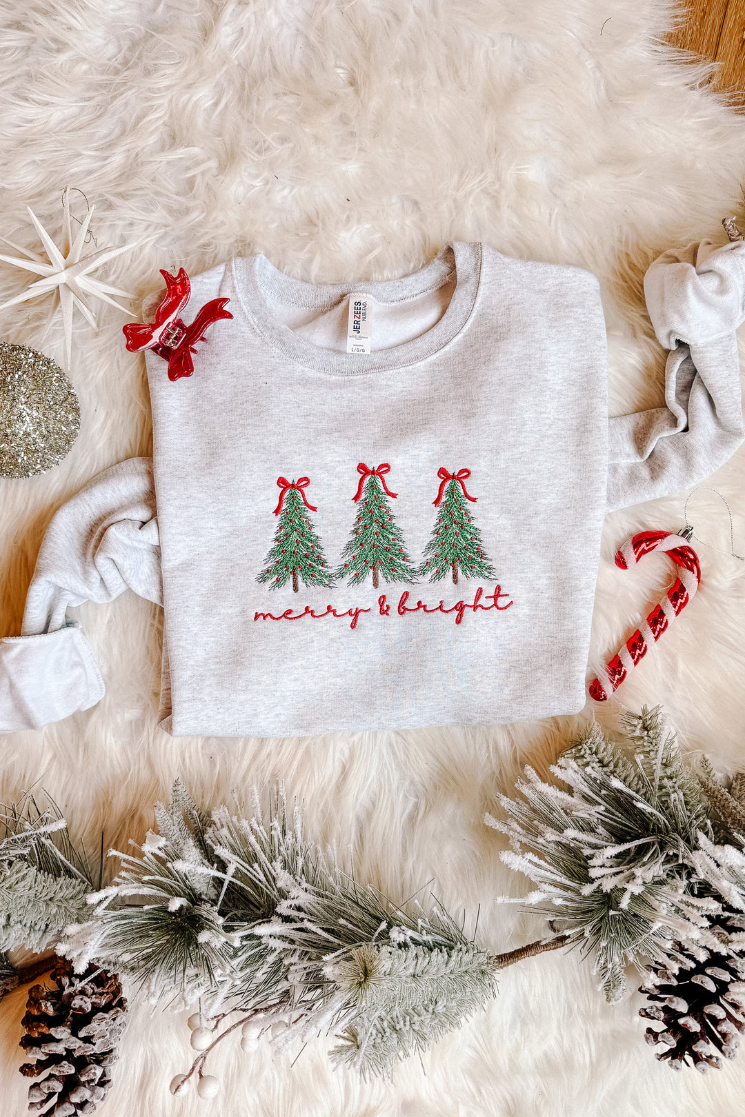 Merry & Bright Embroidered Sweatshirt - Ash Grey