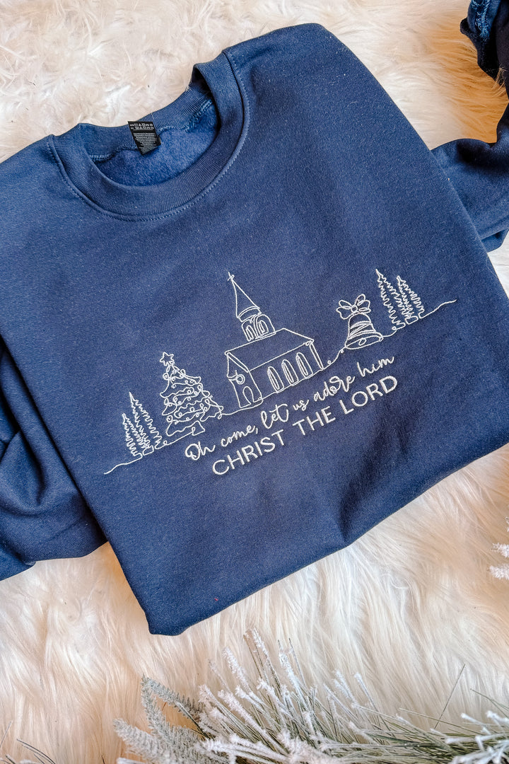 Oh Come Let Us Adore Him Embroidered Sweatshirt - Navy