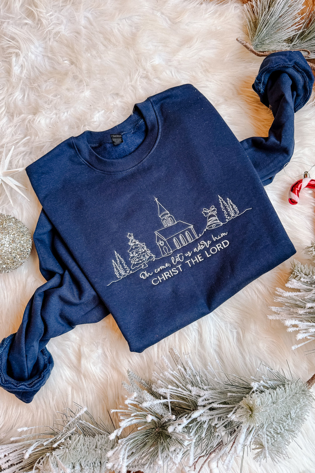 Oh Come Let Us Adore Him Embroidered Sweatshirt - Navy