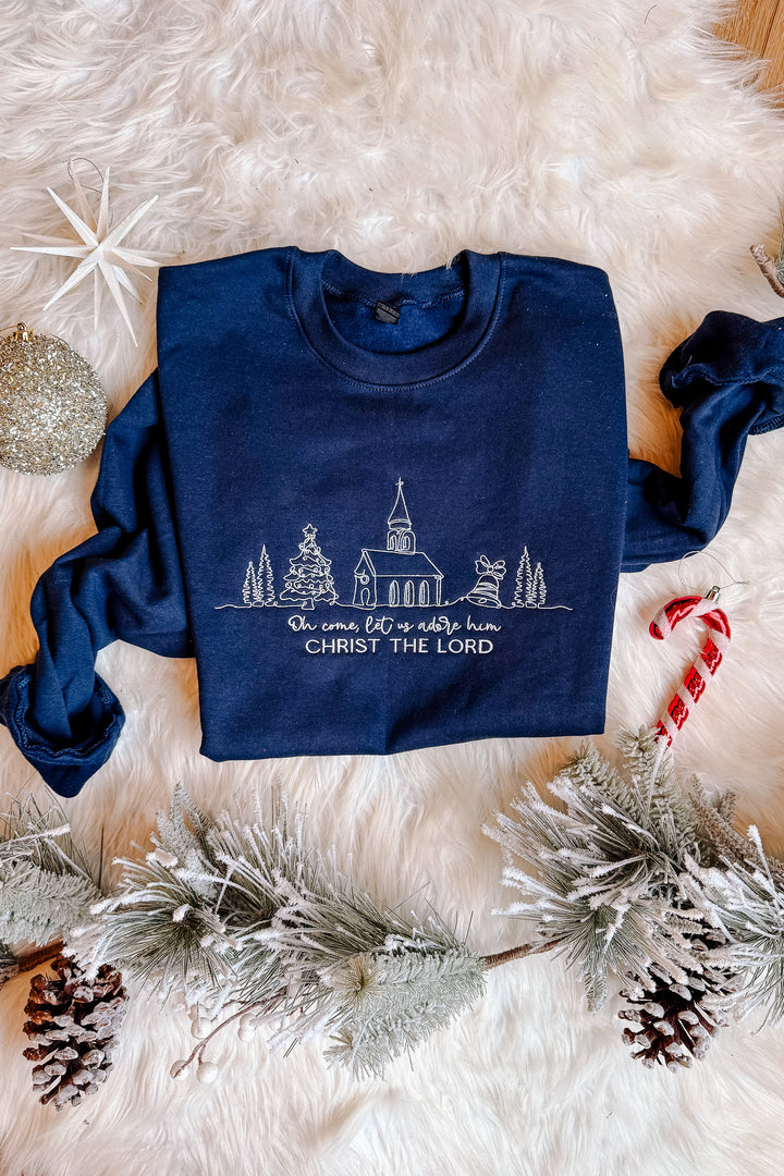 Oh Come Let Us Adore Him Embroidered Sweatshirt - Navy