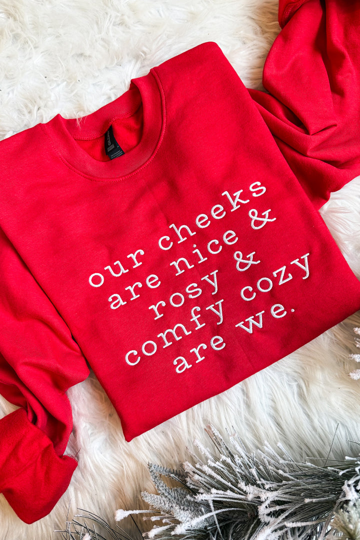 Comfy Cozy Are We Embroidered Sweatshirt - Red
