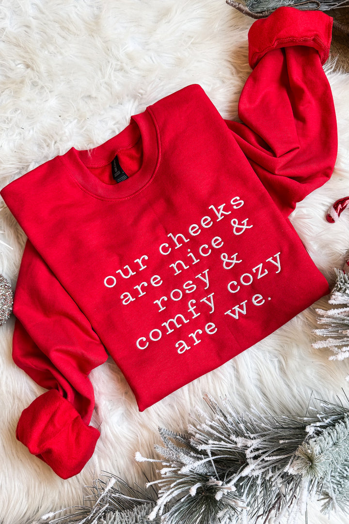Comfy Cozy Are We Embroidered Sweatshirt - Red