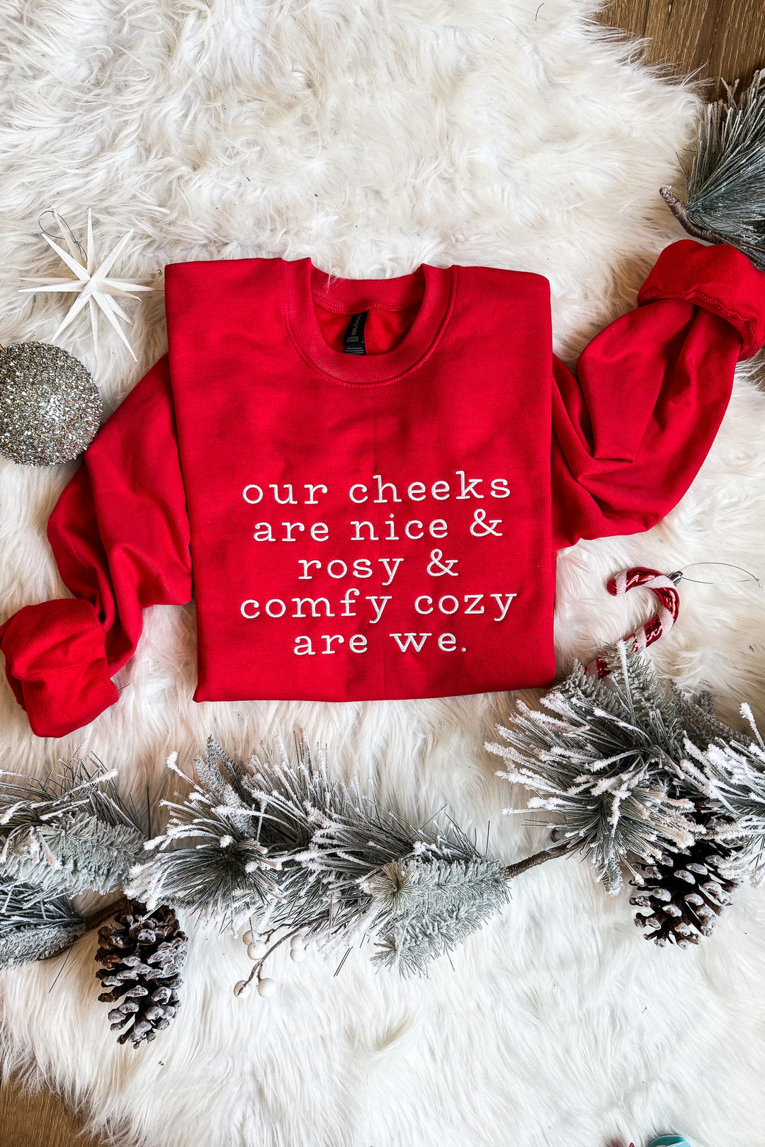 Comfy Cozy Are We Embroidered Sweatshirt - Red