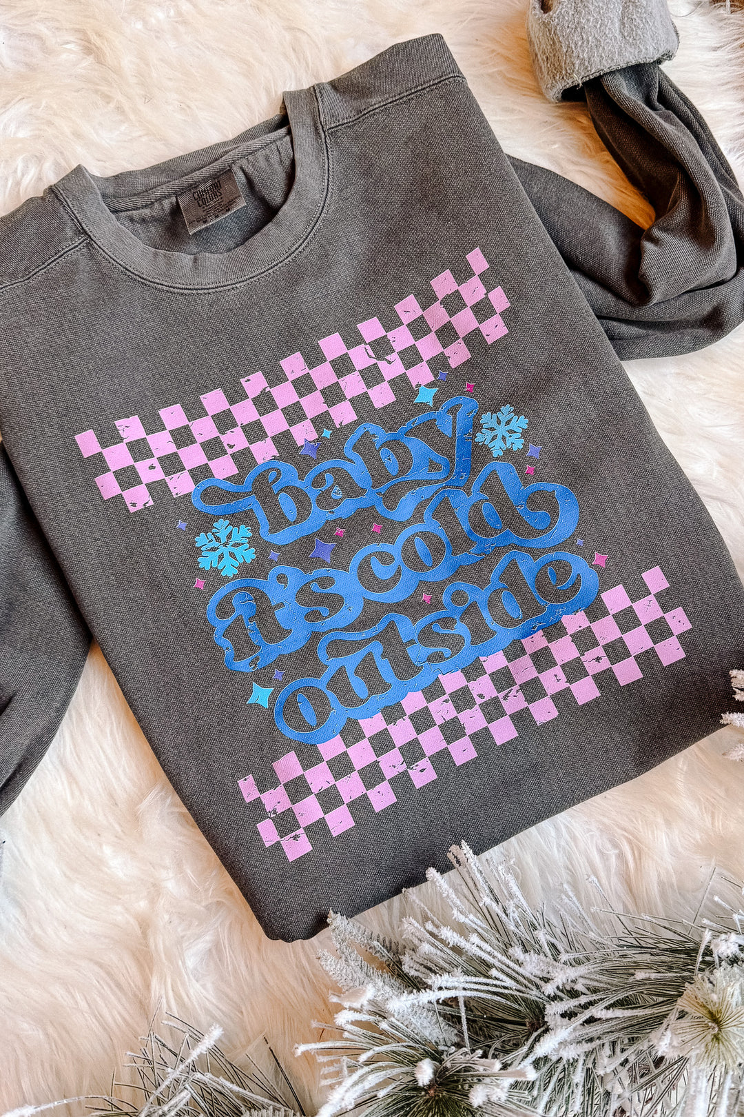 Checkered Baby It's Cold Outside Crewneck Sweatshirt - Pepper