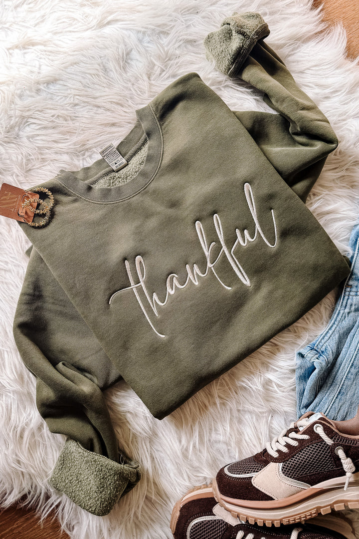 Thankful Embroidered Sweatshirt - Pigment Army Green