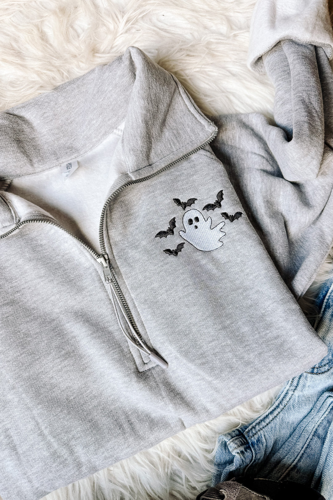 Ghost & Bats Embroidered Half Zip - Athletic Heather