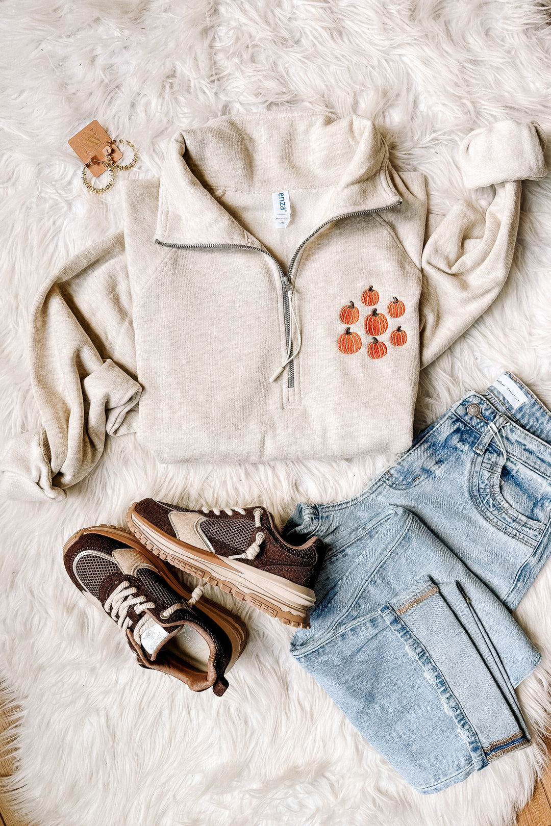 Pumpkin Patch Embroidered Half Zip - Oatmeal Heather