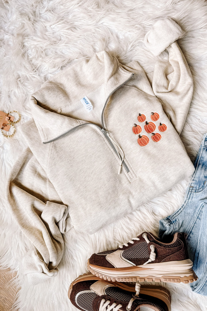 Pumpkin Patch Embroidered Half Zip - Oatmeal Heather