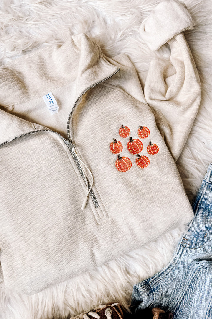 Pumpkin Patch Embroidered Half Zip - Oatmeal Heather