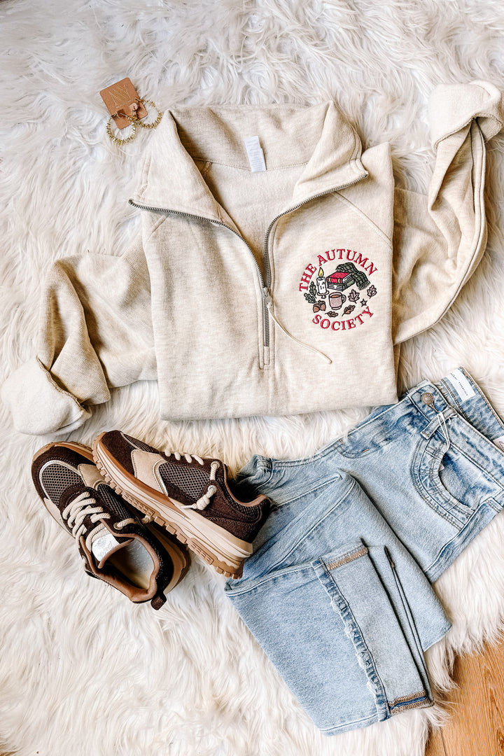 The Autumn Society Embroidered Half Zip - Oatmeal Heather