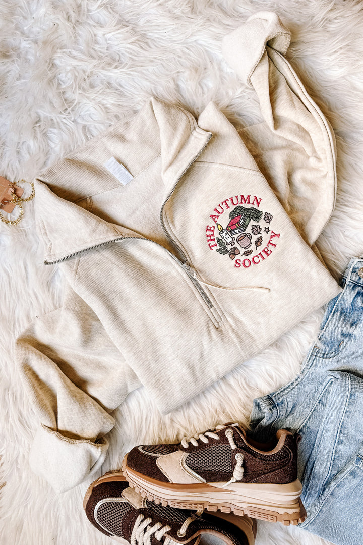 The Autumn Society Embroidered Half Zip - Oatmeal Heather