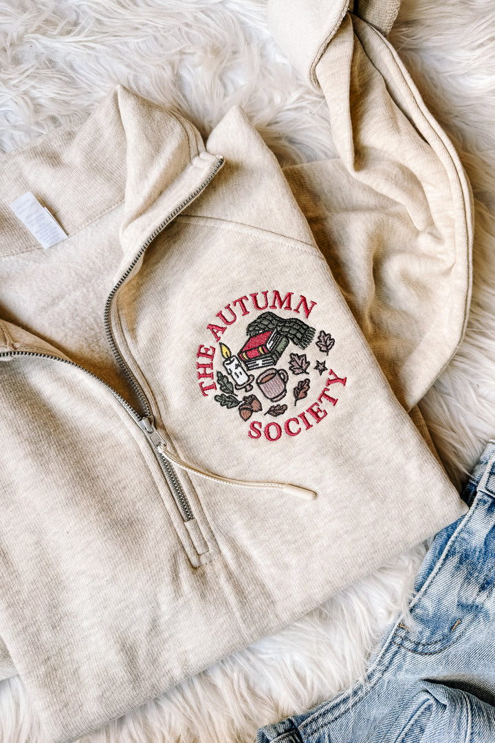 The Autumn Society Embroidered Half Zip - Oatmeal Heather