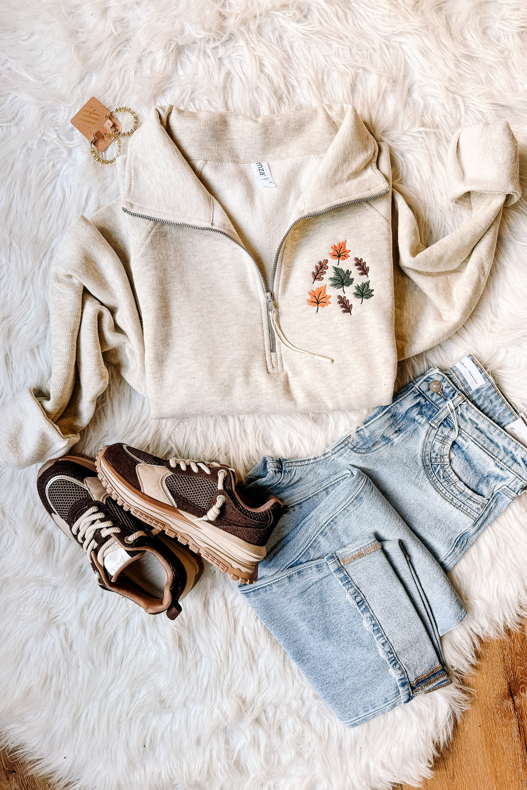 Fall Leaves Embroidered Half Zip - Oatmeal Heather