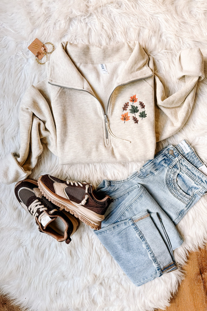 Fall Leaves Embroidered Half Zip - Oatmeal Heather