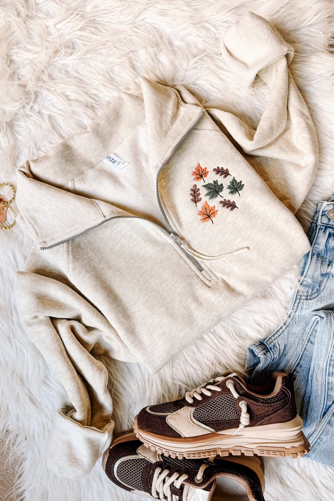 Fall Leaves Embroidered Half Zip - Oatmeal Heather