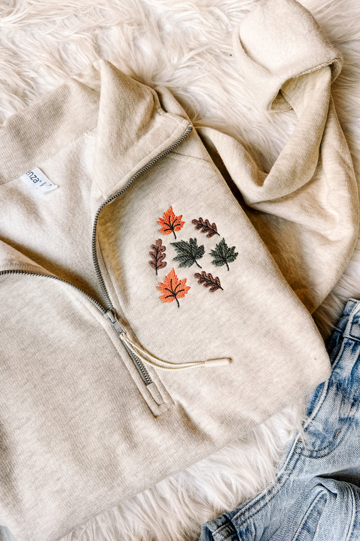 Fall Leaves Embroidered Half Zip - Oatmeal Heather