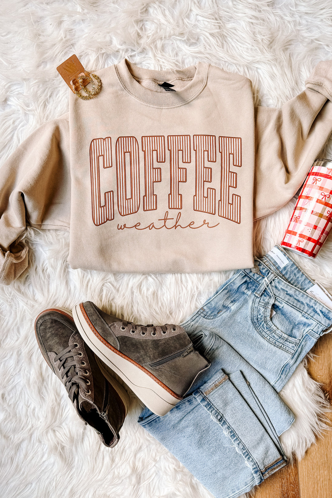 Pinstripe Coffee Weather Crewneck Graphic Sweatshirt - Light Sand