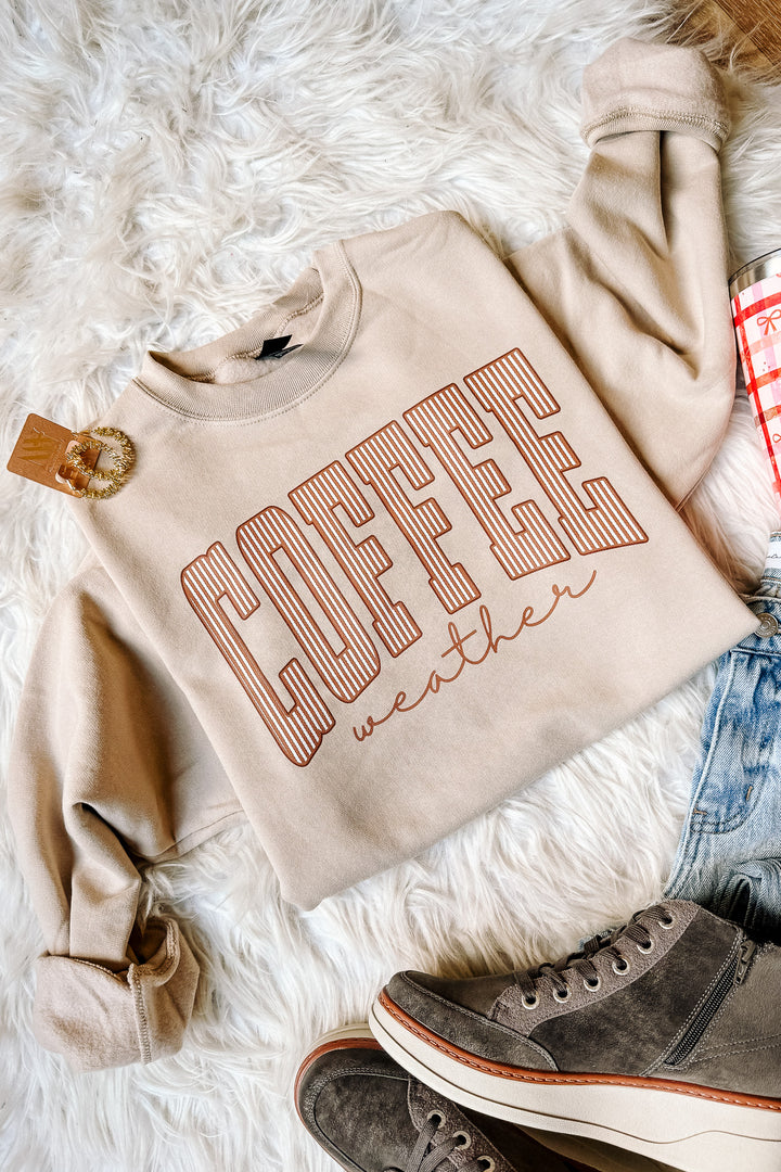 Pinstripe Coffee Weather Crewneck Graphic Sweatshirt - Light Sand