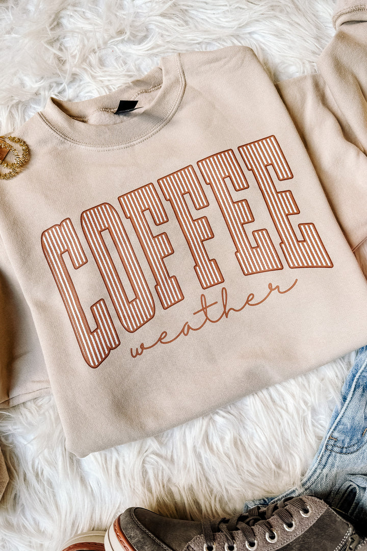 Pinstripe Coffee Weather Crewneck Graphic Sweatshirt - Light Sand