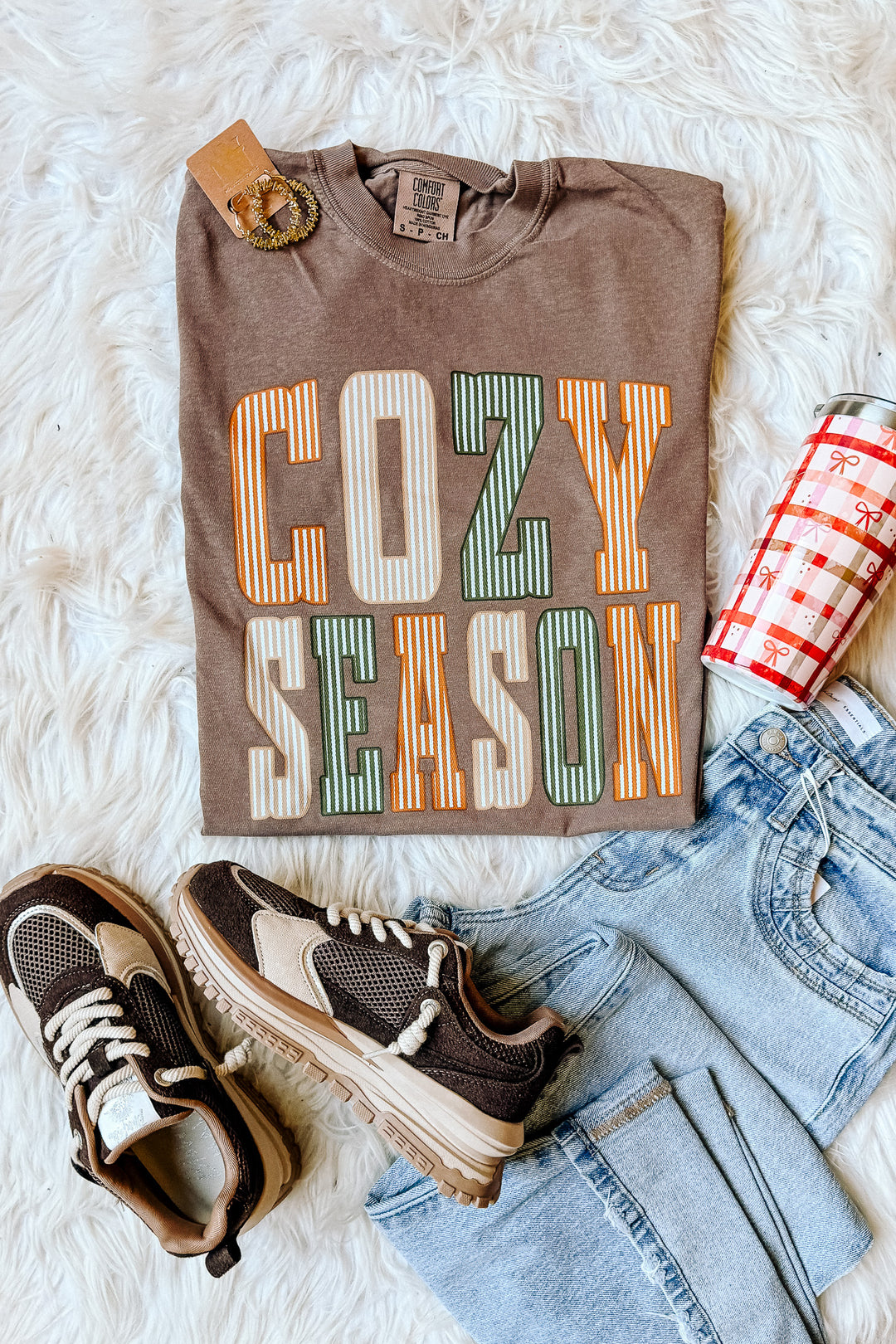Pinstripe Cozy Season Graphic Tee - Espresso