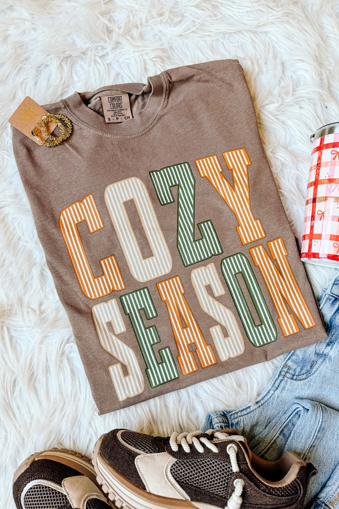 Pinstripe Cozy Season Graphic Tee - Espresso
