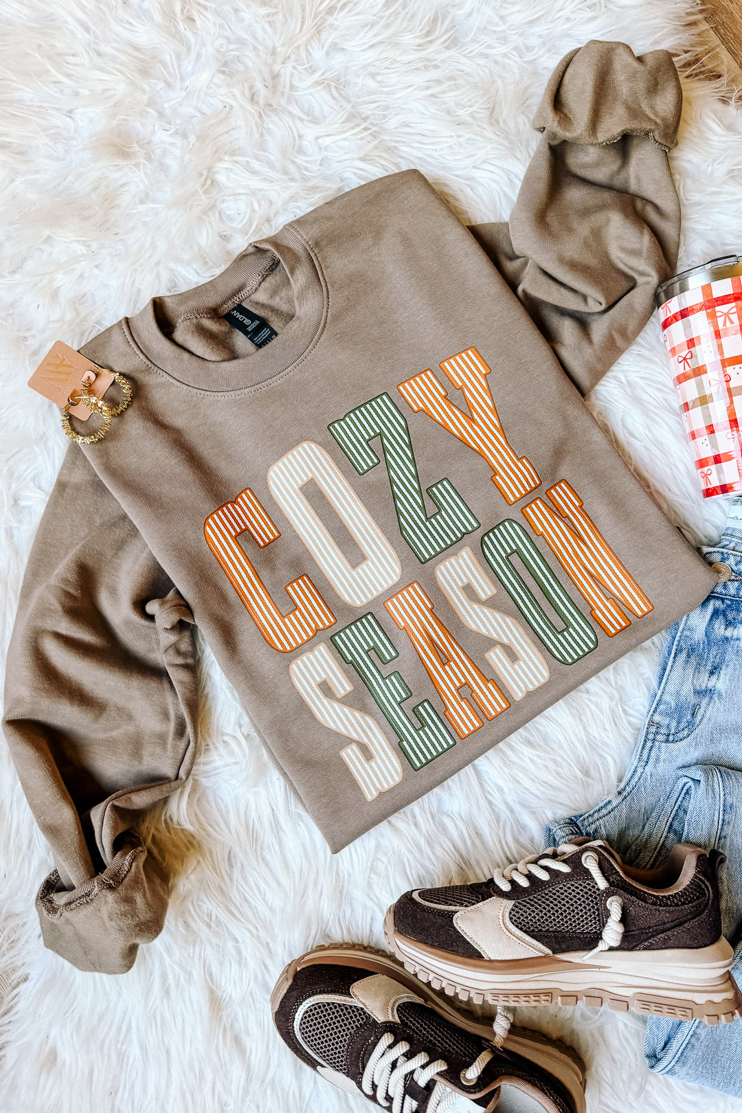 Pinstripe Cozy Season Graphic Crewneck Sweatshirt - Woodland Brown