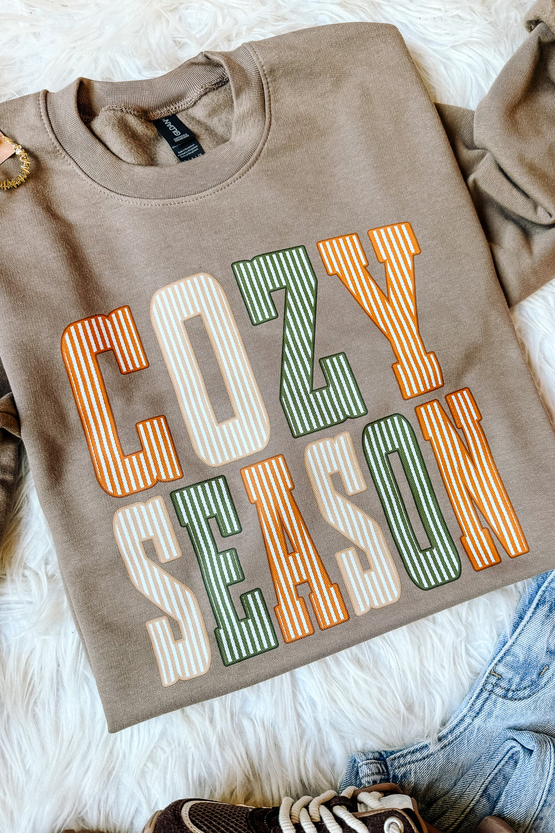 Pinstripe Cozy Season Graphic Crewneck Sweatshirt - Woodland Brown