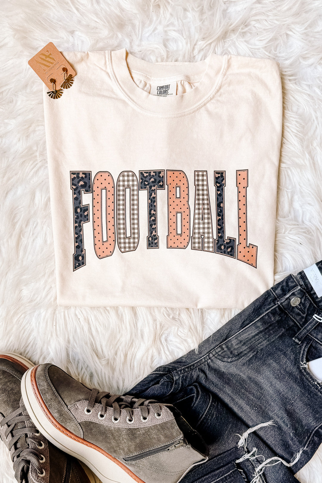 Leopard, Polka Dot, Plaid FOOTBALL Graphic Tee - Ivory