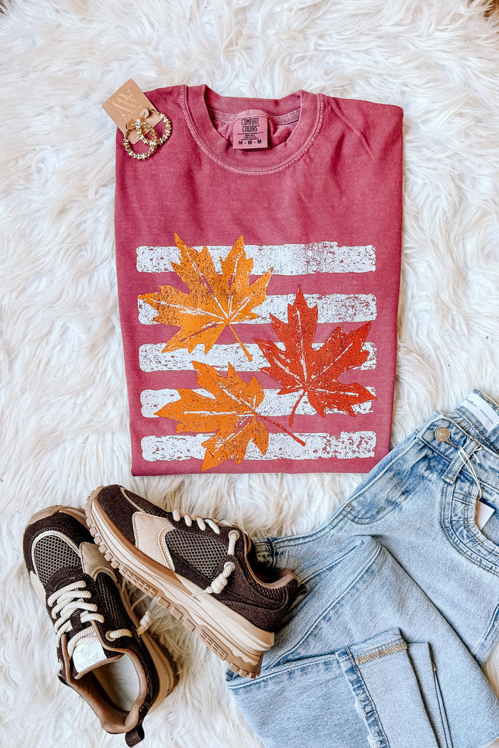 Striped Leaves Graphic Tee - Brick