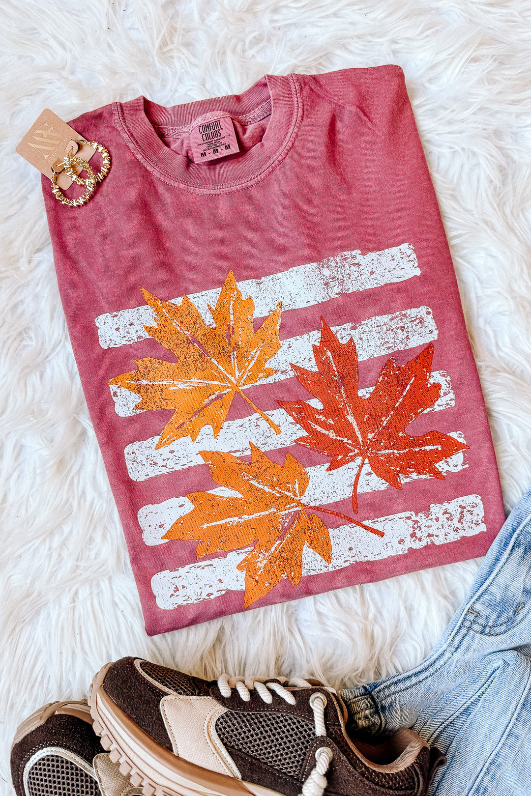 Striped Leaves Graphic Tee - Brick