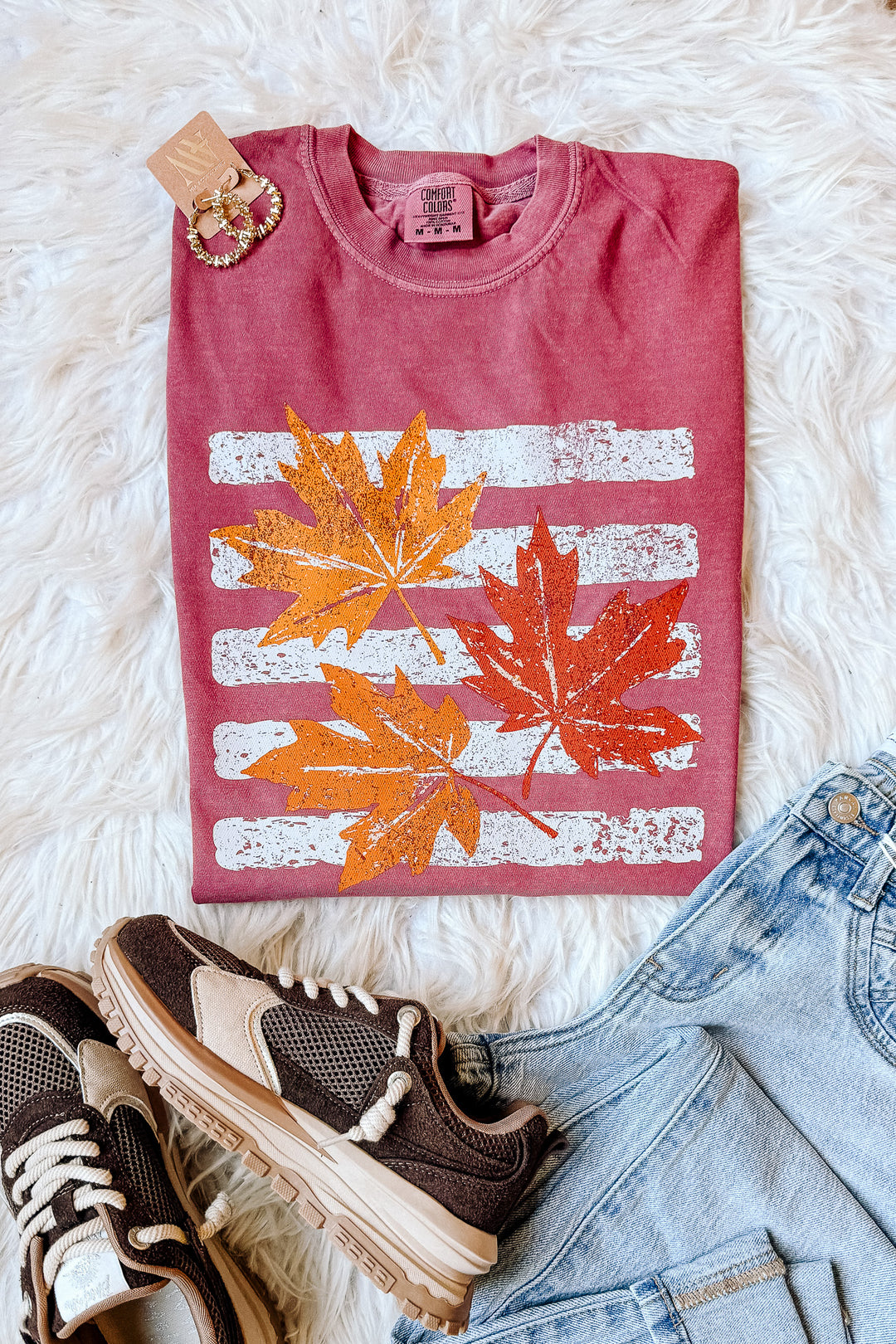 Striped Leaves Graphic Tee - Brick
