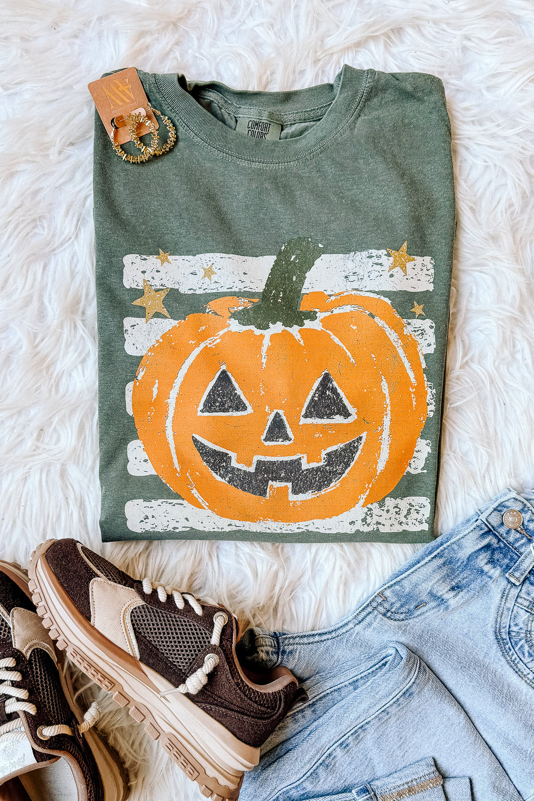 Striped Pumpkin Graphic Tee - Moss