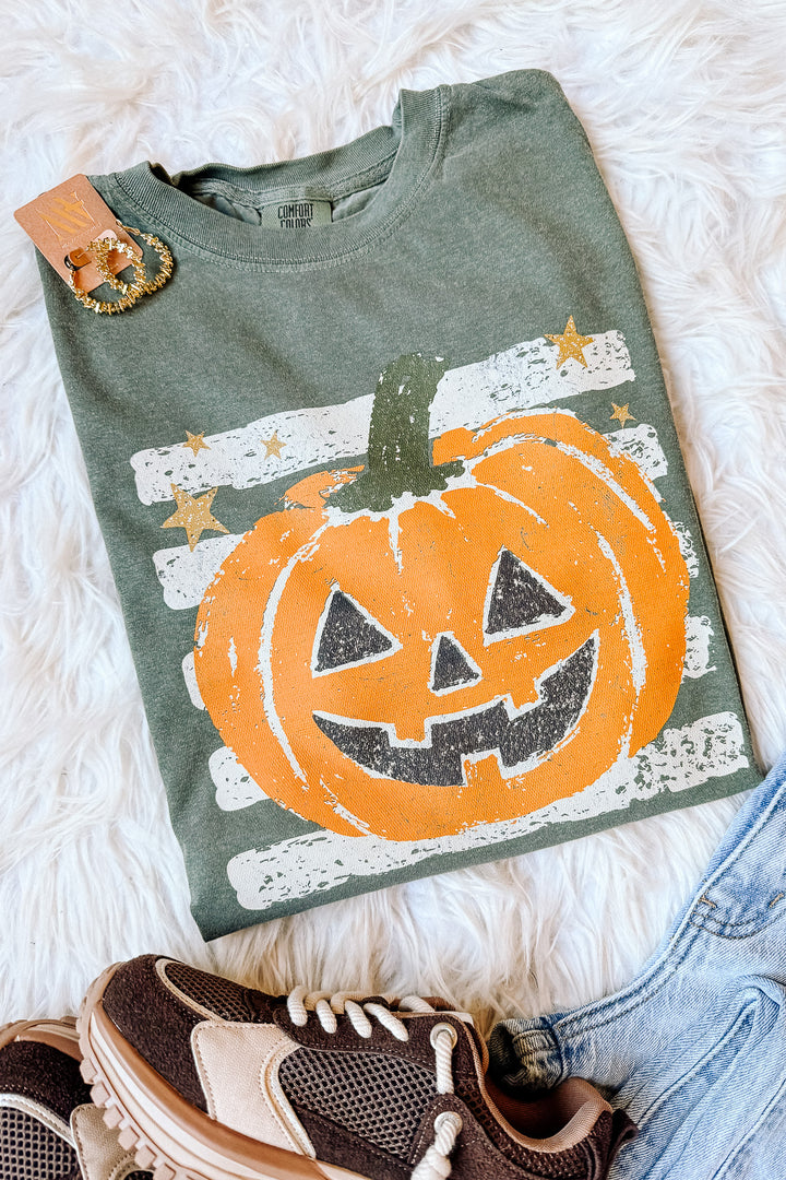 Striped Pumpkin Graphic Tee - Moss