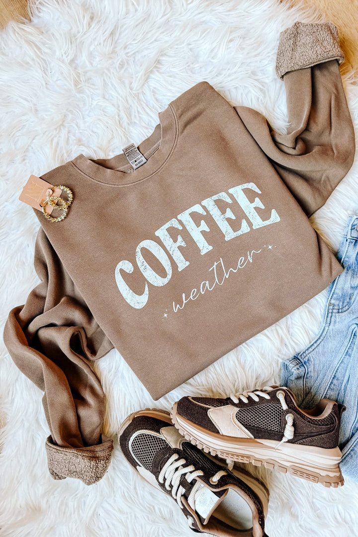 Cream Coffee Weather Sparkle Graphic Sweatshirt - Pigment Clay