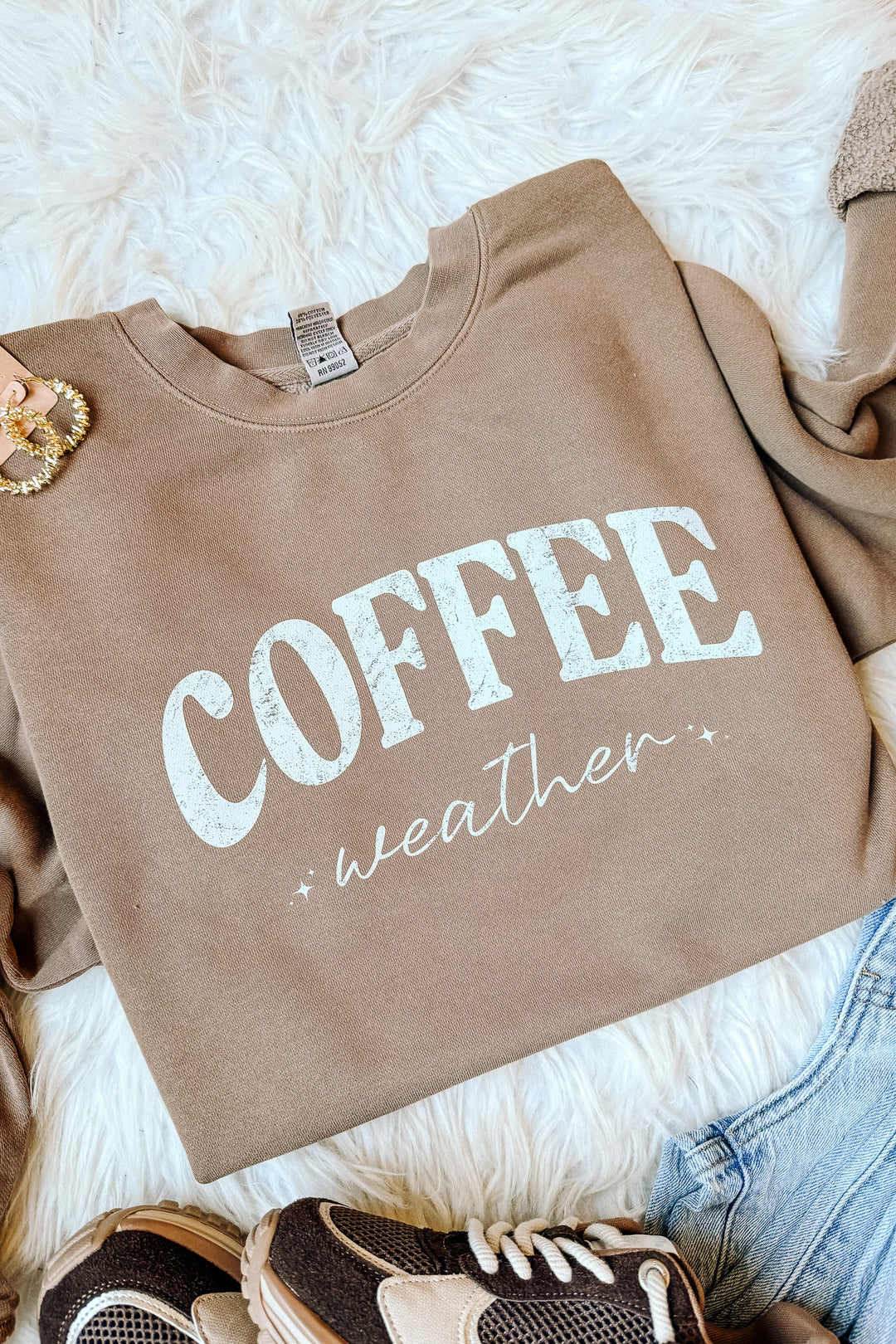 Cream Coffee Weather Sparkle Graphic Sweatshirt - Pigment Clay