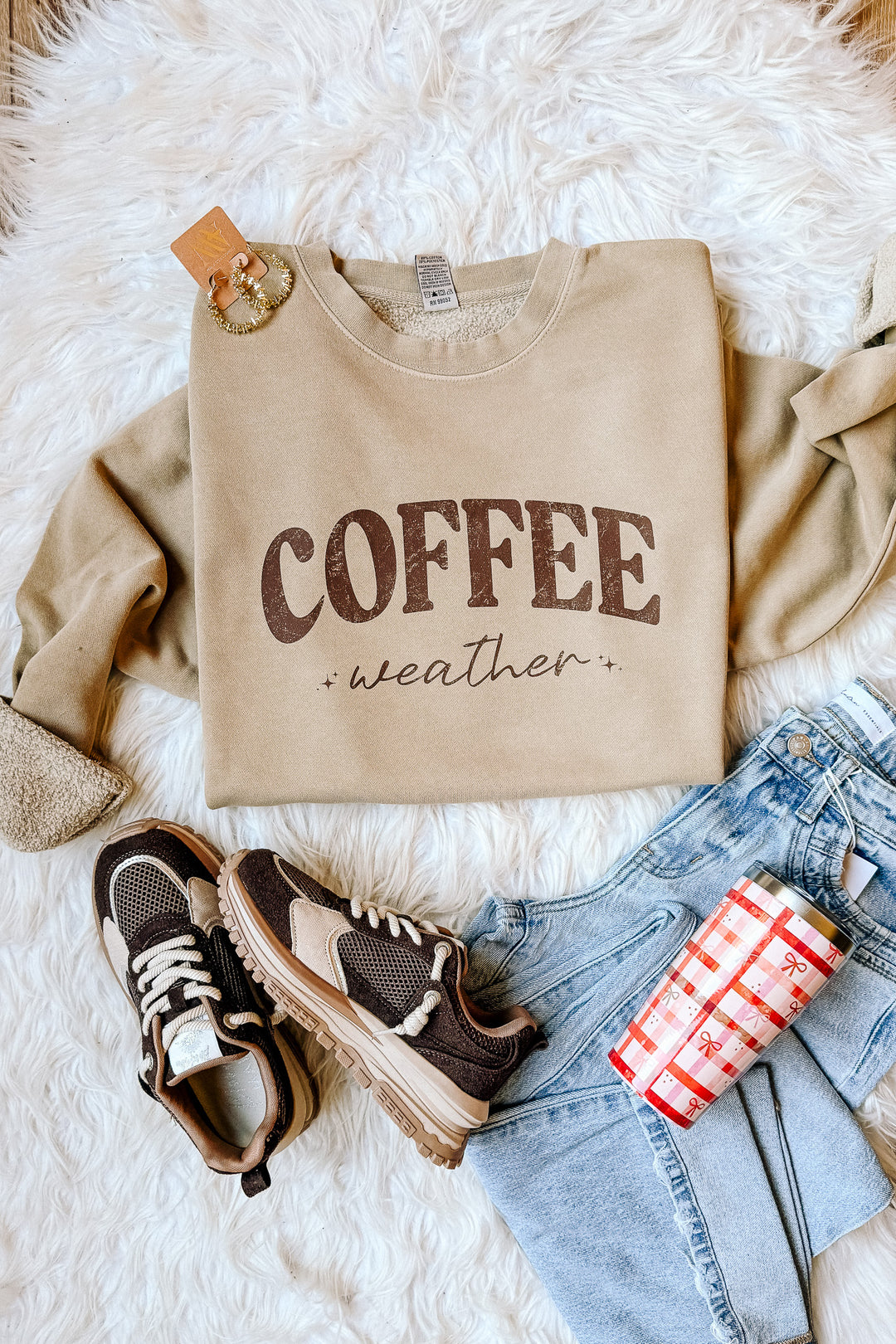Brown Coffee Weather Sparkle Graphic Sweatshirt - Pigment Sandstone
