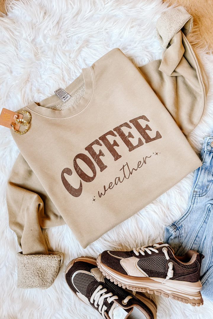 Brown Coffee Weather Sparkle Graphic Sweatshirt - Pigment Sandstone