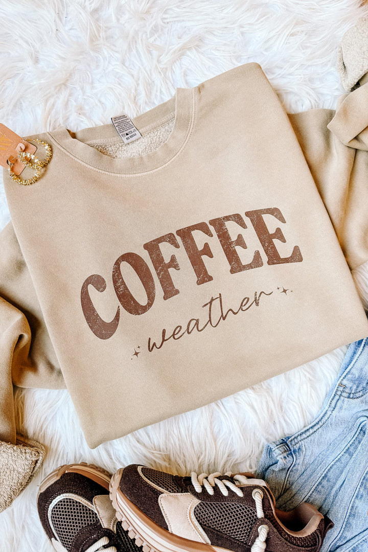 Brown Coffee Weather Sparkle Graphic Sweatshirt - Pigment Sandstone