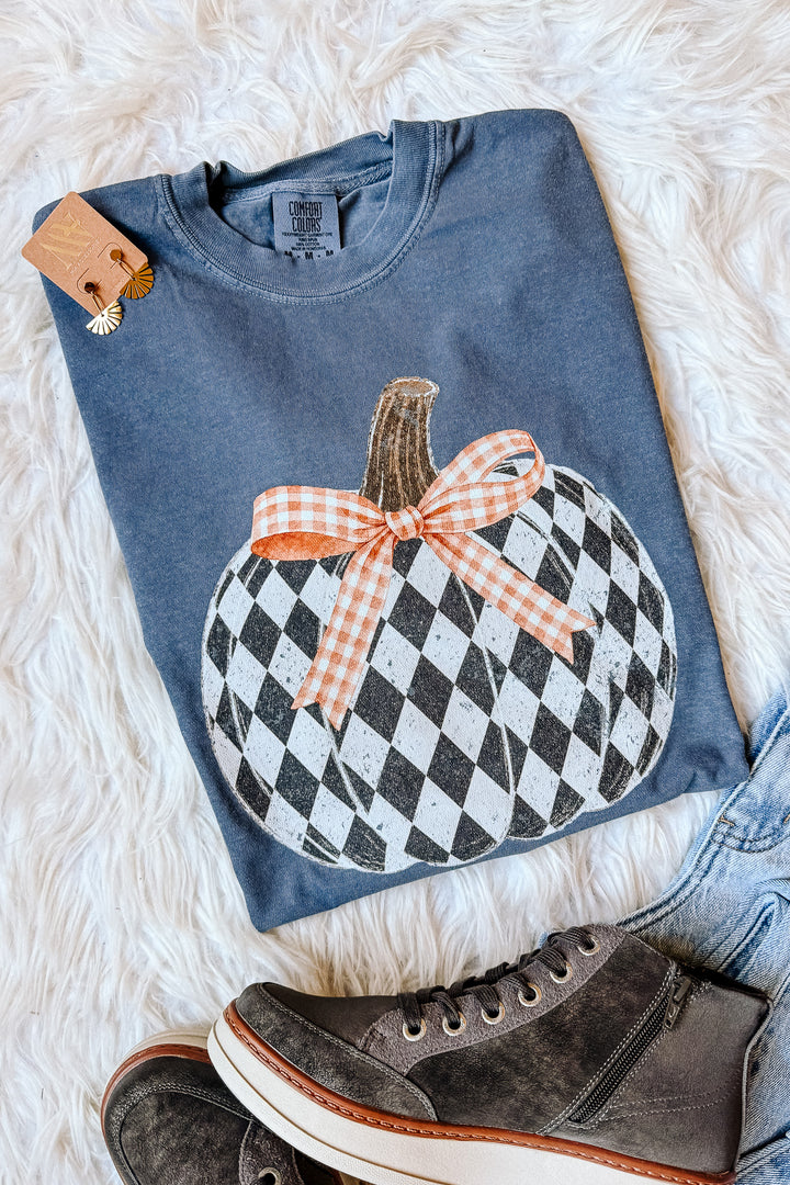 Diamond Checkered Pumpkin Graphic Tee - Denim
