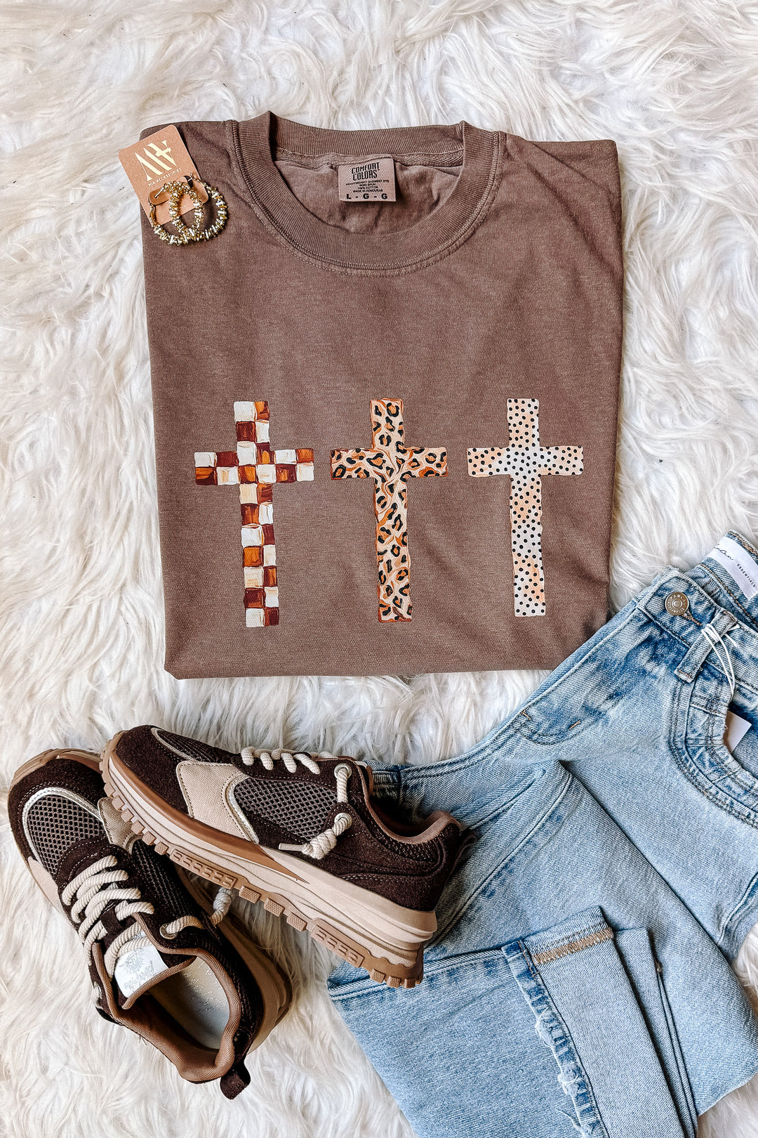 Checkered, Leopard, Dot Crosses Graphic Tee - Espresso