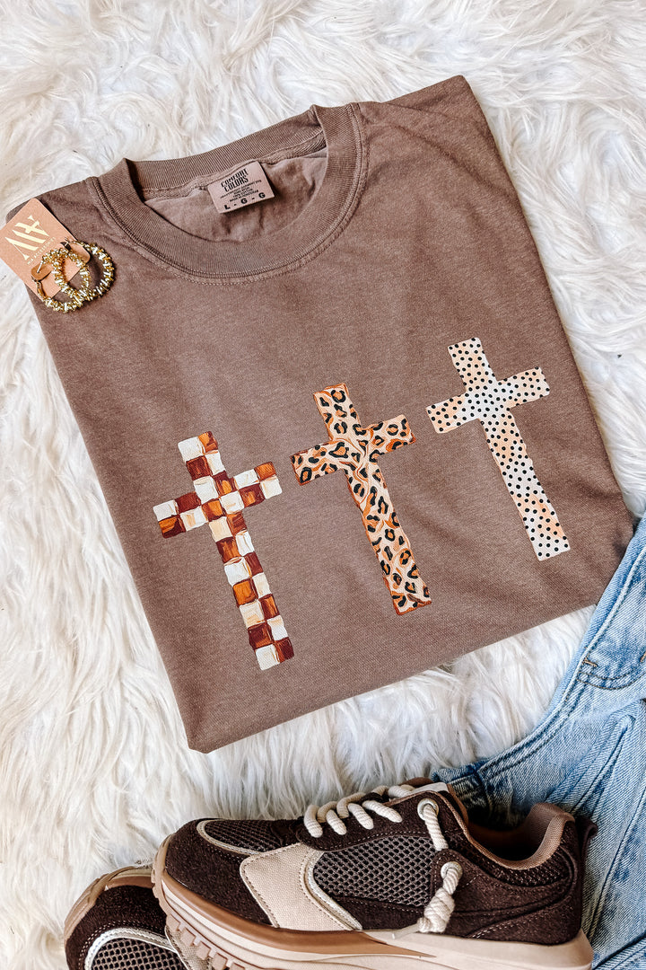 Checkered, Leopard, Dot Crosses Graphic Tee - Espresso