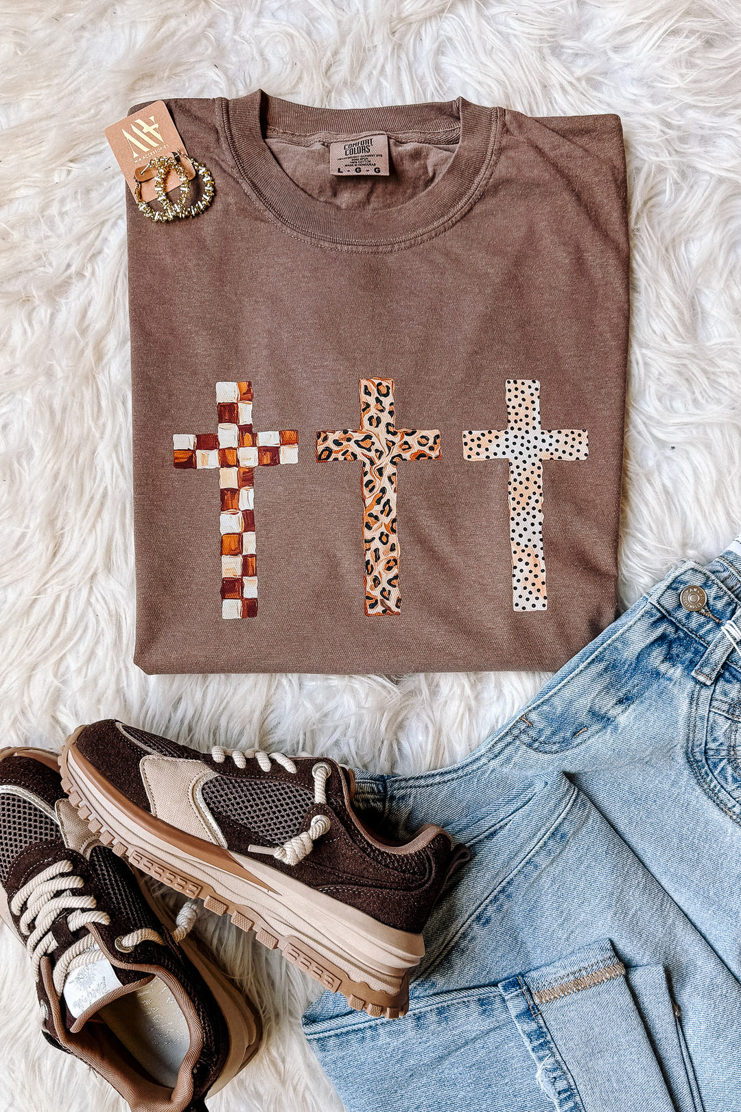 Checkered, Leopard, Dot Crosses Graphic Tee - Espresso