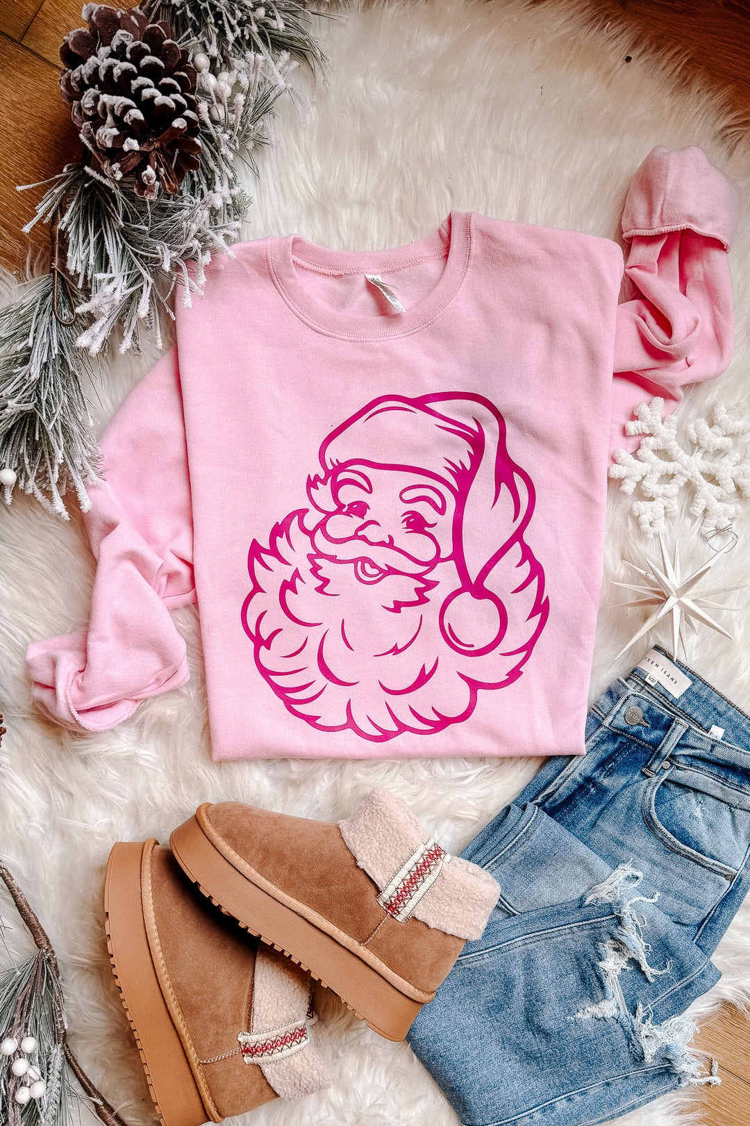 Santa Outline Graphic Sweatshirt - Classic Pink